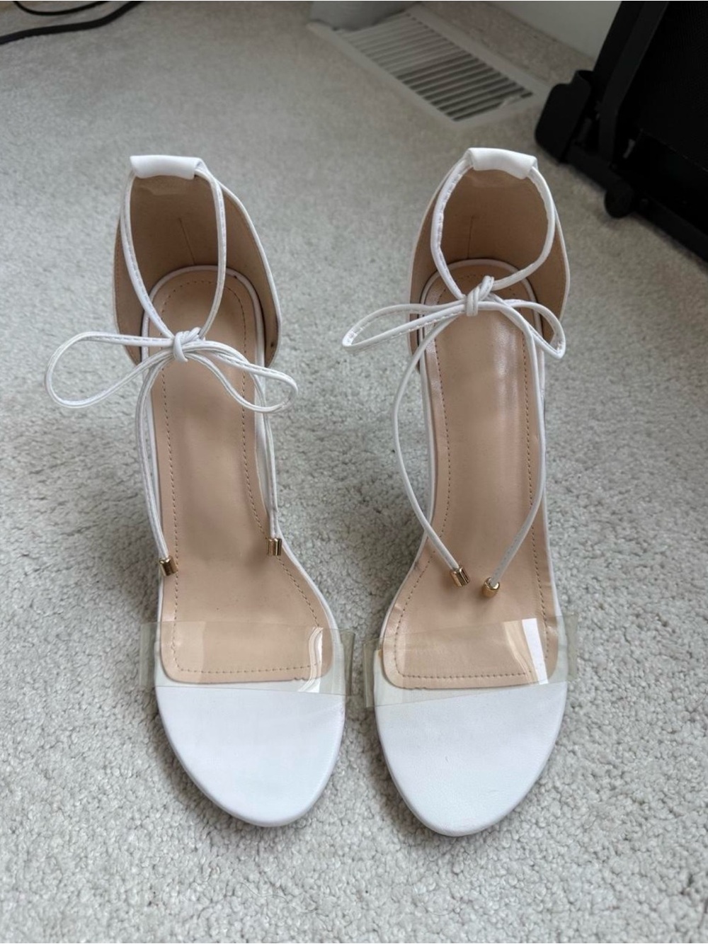 Source Unknown White Ankle-Tie Clear Strap Block Heels